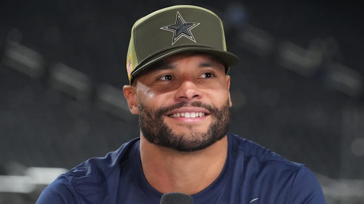 Nov 17, 2025; Paradise, Nevada, USA; Dallas Cowboys quarterback Dak Prescott (4) is interviewed on the ESPN set following a game against Las Vegas Raiders at Allegiant Stadium. Mandatory Credit: Kirby Lee-Imagn Images