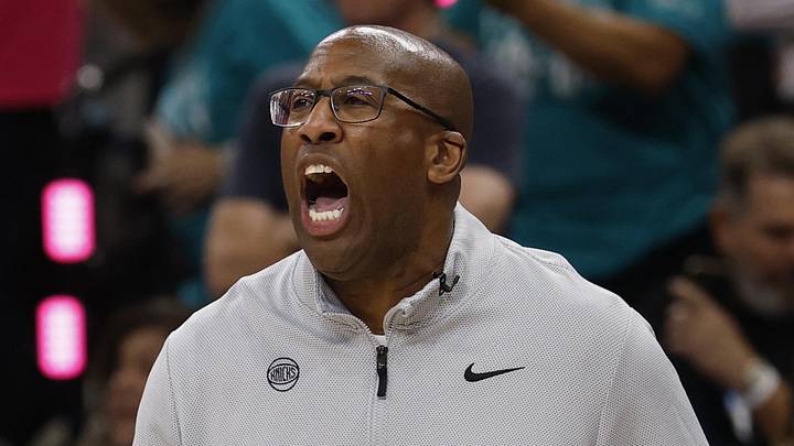Jun 3, 2026; San Antonio, Texas, USA; New York Knicks head coach Mike Brown reacts San Antonio Spurs in the second half during game one of the 2026 NBA Finals at Frost Bank Center. Mandatory Credit: Geoff Burke-Imagn Images Jun 3, 2026; San Antonio, Texas, USA; New York Knicks head coach Mike Brown reacts San Antonio Spurs in the second half during game one of the 2026 NBA Finals at Frost Bank Center. Mandatory Credit: Geoff Burke-Imagn Images