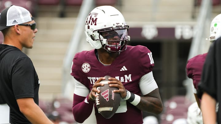 Texas A&M Aggies quarterback Marcel Reed (10) warms up during pregame against the Utah State Aggies at Kyle Field.