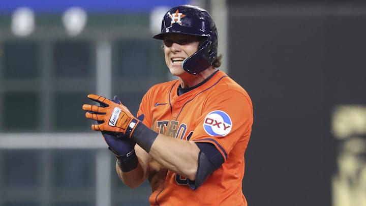 May 30, 2025; Houston, Texas, USA; Houston Astros center fielder Jake Meyers (6) reacts after hitting a double during the eighth inning against the Tampa Bay Rays at Daikin Park. Mandatory Credit: Troy Taormina-Imagn Images May 30, 2025; Houston, Texas, USA; Houston Astros center fielder Jake Meyers (6) reacts after hitting a double during the eighth inning against the Tampa Bay Rays at Daikin Park. Mandatory Credit: Troy Taormina-Imagn Images