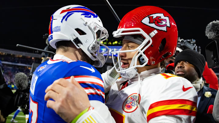 Jan 21, 2024; Orchard Park, New York, USA; Kansas City Chiefs quarterback Patrick Mahomes (15) greets Buffalo Bills quarterback Josh Allen (17) following the 2024 AFC divisional round game at Highmark Stadium. Mandatory Credit: Mark J. Rebilas-Imagn Images
