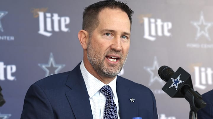 Jan 27, 2025; Frisco, TX, USA;   Dallas Cowboys Head Coach Brian Schottenheimer speaks to the media at a press conference at the Star.  Mandatory Credit: Tim Heitman-Imagn Images