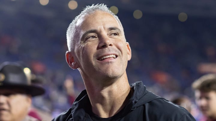 Florida State Seminoles head coach Mike Norvell smiles to the crowd after the game against the Florida Gators at Steve Spurrier Field at Ben Hill Griffin Stadium in Gainesville, FL on Saturday, November 25, 2023. [Matt Pendleton/Gainesville Sun]