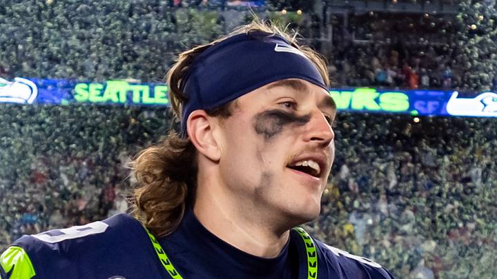 Seattle Seahawks wide receiver Jake Bobo celebrates Super Bowl LX