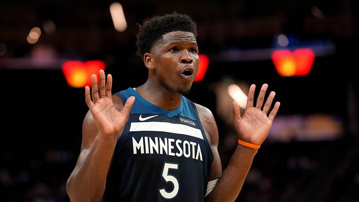 Mar 13, 2026; San Francisco, California, USA; Minnesota Timberwolves guard Anthony Edwards (5) reacts after the Timberwolves were called for a foul against the Golden State Warriors in the fourth quarter at the Chase Center. Mandatory Credit: Cary Edmondson-Imagn Images