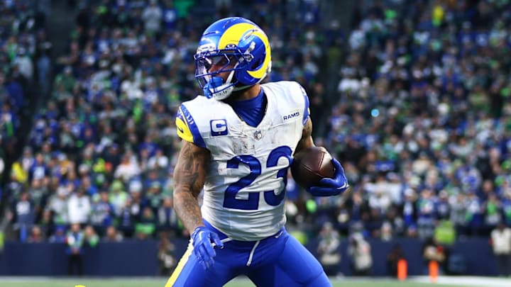 Jan 25, 2026; Seattle, WA, USA; Los Angeles Rams running back Kyren Williams (23) runs to score a touchdown against the Seattle Seahawks during the first half in the 2026 NFC Championship Game at Lumen Field. Mandatory Credit: Kevin Ng-Imagn Images Jan 25, 2026; Seattle, WA, USA; Los Angeles Rams running back Kyren Williams (23) runs to score a touchdown against the Seattle Seahawks during the first half in the 2026 NFC Championship Game at Lumen Field. Mandatory Credit: Kevin Ng-Imagn Images