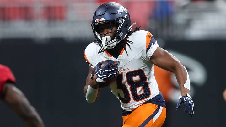 Denver Broncos running back Jaleel McLaughlin (38) runs the ball against the Atlanta Falcons. Denver Broncos running back Jaleel McLaughlin (38) runs the ball against the Atlanta Falcons.