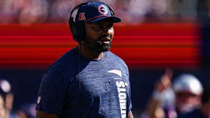 Sep 15, 2024; Foxborough, Massachusetts, USA; New England Patriots head coach Jerod Mayo watches from the sideline as they take on the Seattle Seahawks at Gillette Stadium. Mandatory Credit: David Butler II-Imagn Images