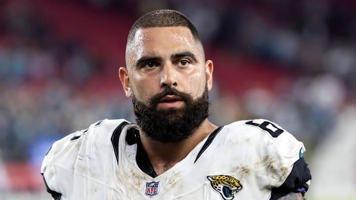 Nov 23, 2025; Glendale, Arizona, USA; Jacksonville Jaguars offensive lineman Patrick Mekari (65) against the Arizona Cardinals at State Farm Stadium. 
