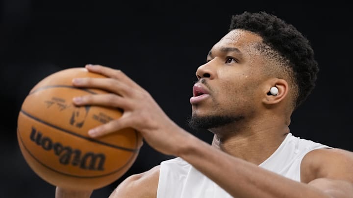 Milwaukee Bucks forward Giannis Antetokounmpo during warmups prior to the game against the Denver Nuggets. Milwaukee Bucks forward Giannis Antetokounmpo during warmups prior to the game against the Denver Nuggets.