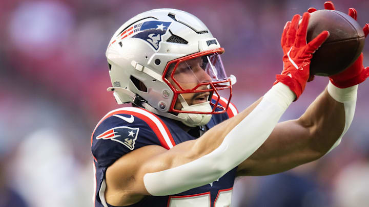 Dec 15, 2024; Glendale, Arizona, USA; New England Patriots linebacker Christian Elliss (53) against the Arizona Cardinals at State Farm Stadium. Mandatory Credit: Mark J. Rebilas-Imagn Images