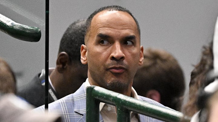 Apr 9, 2025; Dallas, Texas, USA; Dallas Mavericks general manager Nico Harrison during the game between the Dallas Mavericks and the Los Angeles Lakers at American Airlines Center. Mandatory Credit: Jerome Miron-Imagn Images