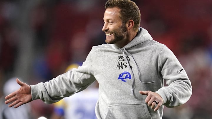 Dec 12, 2024; Santa Clara, California, USA; Los Angeles Rams head coach Sean McVay jogs on the field before the start of the game against the San Francisco 49ers at Levi's Stadium. Mandatory Credit: Cary Edmondson-Imagn Images