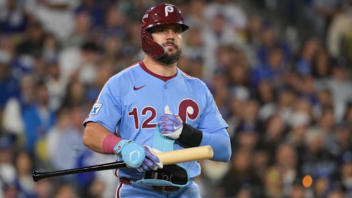 Oct 8, 2025; Los Angeles, California, USA; Philadelphia Phillies designated hitter Kyle Schwarber (12) looks on during the seventh inning against the Los Angeles Dodgers during game three of the NLDS round for the 2025 MLB playoffs at Dodger Stadium. Mandatory Credit: Jayne Kamin-Oncea-Imagn Images Oct 8, 2025; Los Angeles, California, USA; Philadelphia Phillies designated hitter Kyle Schwarber (12) looks on during the seventh inning against the Los Angeles Dodgers during game three of the NLDS round for the 2025 MLB playoffs at Dodger Stadium. Mandatory Credit: Jayne Kamin-Oncea-Imagn Images