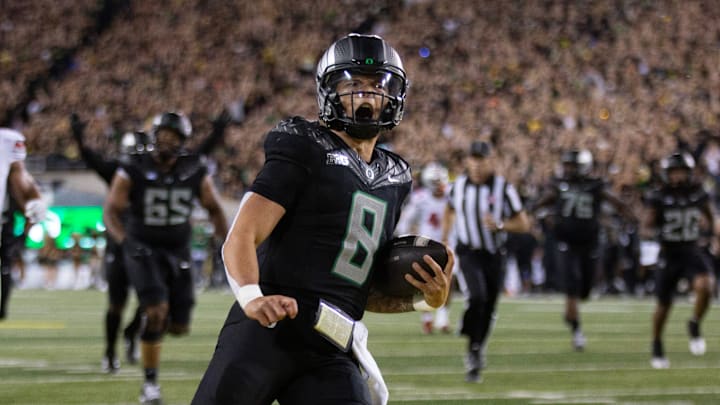 Oregon quarterback Dillon Gabriel scores a touchdown against Ohio State in the forth quarter at Autzen Stadium Saturday, Oct. 12, 2024.