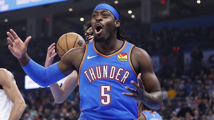 Dec 26, 2023; Oklahoma City, Oklahoma, USA; Oklahoma City Thunder guard Luguentz Dort (5) reacts after a play against the Minnesota Timberwolves during the first quarter at Paycom Center. Mandatory Credit: Alonzo Adams-Imagn Images Dec 26, 2023; Oklahoma City, Oklahoma, USA; Oklahoma City Thunder guard Luguentz Dort (5) reacts after a play against the Minnesota Timberwolves during the first quarter at Paycom Center. Mandatory Credit: Alonzo Adams-Imagn Images