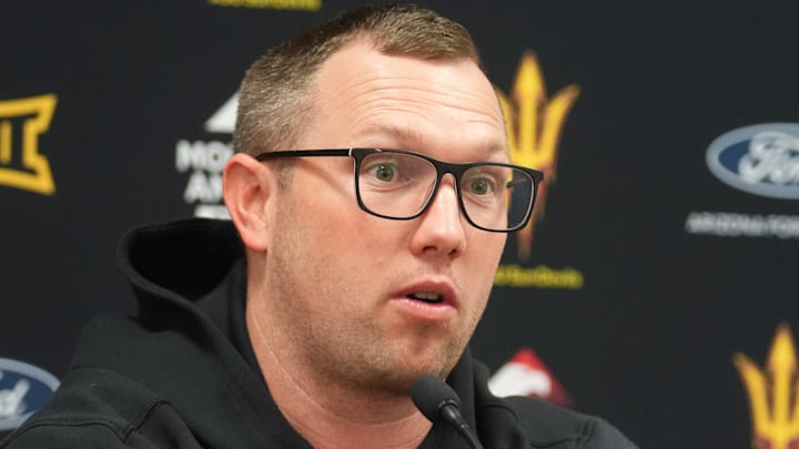 Arizona State head football coach Kenny Dillingham speaks to the media during a news conference at Mountain America Stadium in Tempe on Oct. 20, 2025. Arizona State head football coach Kenny Dillingham speaks to the media during a news conference at Mountain America Stadium in Tempe on Oct. 20, 2025.