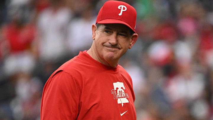Sep 29, 2024; Washington, District of Columbia, USA; Philadelphia Phillies manager Rob Thomson (59) walks back to the dugout after a visit to the mound against the Washington Nationals during the sixth inning at Nationals Park