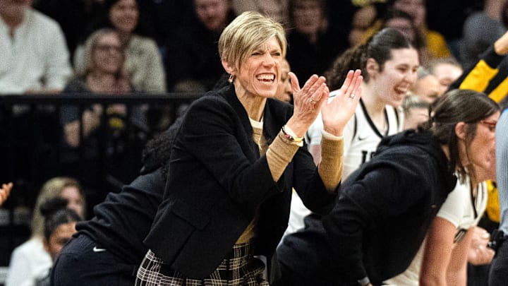 Iowa head coach Jan Jensen reacts duirng a basketball game against the Michigan Wolverines Feb. 22, 2026 at Carver-Hawkeye Arena in Iowa City, Iowa.