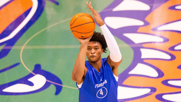 Florida Gators forward Sam Alexis (4) shoots free throws Tuesday. The Florida Gators men’s basketball team held a practice on John W. Frost II Practice Court in Gainesville, FL on Tuesday, September 24, 2024. [Doug Engle/Gainesville Sun]