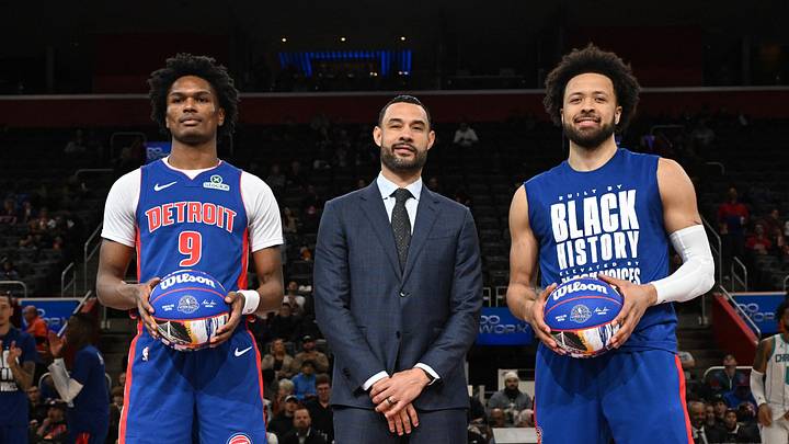 Feb 9, 2025; Detroit, Michigan, USA; Detroit Pistons forward Ausar Thompson (9) and Detroit Pistons guard Cade Cunningham (2) stand at center court with Detroit Pistons President of Basketball Operations Trajan Langdon to be recognized for being named to the NBA All-Star Team before their game against the Charlotte Hornets at Little Caesars Arena. Mandatory Credit: Lon Horwedel-Imagn Images Feb 9, 2025; Detroit, Michigan, USA; Detroit Pistons forward Ausar Thompson (9) and Detroit Pistons guard Cade Cunningham (2) stand at center court with Detroit Pistons President of Basketball Operations Trajan Langdon to be recognized for being named to the NBA All-Star Team before their game against the Charlotte Hornets at Little Caesars Arena. Mandatory Credit: Lon Horwedel-Imagn Images