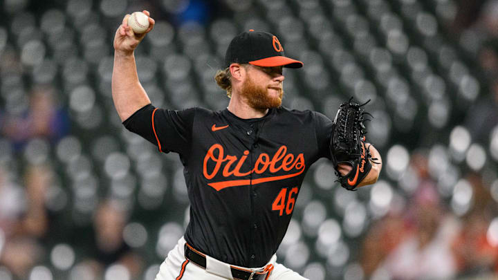 Jul 29, 2024; Baltimore, Maryland, USA; Baltimore Orioles pitcher Craig Kimbrel (46) throws a pitch during the ninth inning against the Toronto Blue Jays at Oriole Park at Camden Yards. Jul 29, 2024; Baltimore, Maryland, USA; Baltimore Orioles pitcher Craig Kimbrel (46) throws a pitch during the ninth inning against the Toronto Blue Jays at Oriole Park at Camden Yards.