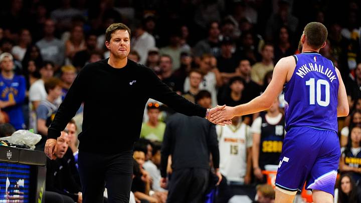 Oct 4, 2026; Boulder, Colorado, USA; Utah Jazz head coach Will Hardy greets guard Svi Mykhailiuk (10) after a rotation in the second quarter against the Denver Nuggets at CU Events Center. Mandatory Credit: Ron Chenoy-Imagn Images Oct 4, 2026; Boulder, Colorado, USA; Utah Jazz head coach Will Hardy greets guard Svi Mykhailiuk (10) after a rotation in the second quarter against the Denver Nuggets at CU Events Center. Mandatory Credit: Ron Chenoy-Imagn Images