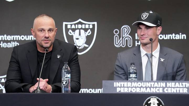 Apr 24, 2026; Henderson, NV, USA; Las Vegas Raiders quarterback Fernando Mendoza (right) and general manager John Spytek at introductory press conference at Intermountain Health Performance Center after being selected as the No. 1 pick in the 2026 NFL Draft. Mandatory Credit: Kirby Lee-Imagn Images Apr 24, 2026; Henderson, NV, USA; Las Vegas Raiders quarterback Fernando Mendoza (right) and general manager John Spytek at introductory press conference at Intermountain Health Performance Center after being selected as the No. 1 pick in the 2026 NFL Draft. Mandatory Credit: Kirby Lee-Imagn Images