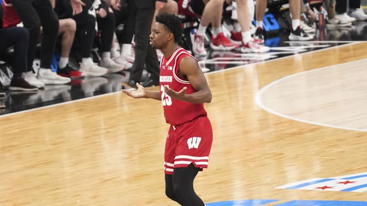 Mar 14, 2026; Chicago, IL, USA; Wisconsin Badgers guard John Blackwell (25) reacts after making a three point basket against the Michigan Wolverines during the first half at United Center. Mandatory Credit: David Banks-Imagn Images