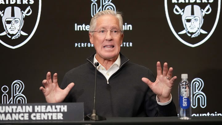 Jan 27, 2025; Las Vegas, NV, USA; Las Vegas Raiders coach Pete Carroll at press conference at Intermountain Health Performance Center. Mandatory Credit: Kirby Lee-Imagn Images