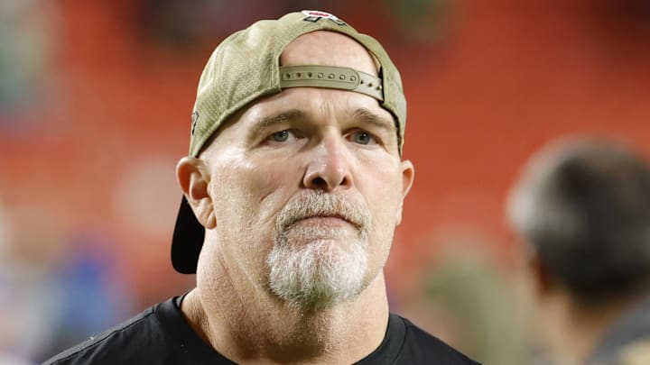 Nov 2, 2025; Landover, Maryland, USA; Washington Commanders head coach Dan Quinn walks off the field after the loss to Seattle Seahawks at Northwest Stadium. Mandatory Credit: Amber Searls-Imagn Images