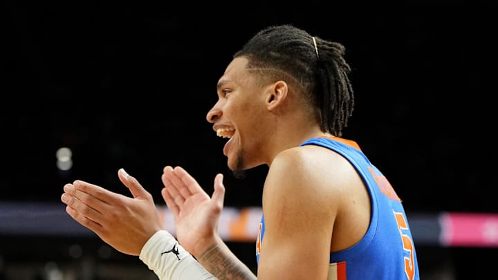 Apr 7, 2025; San Antonio, TX, USA; Florida Gators guard Will Richard (5) reacts after a play against the Houston Cougars during the second half of the national championship game of the Final Four of the 2025 NCAA Tournament at the Alamodome. Mandatory Credit: Bob Donnan-Imagn Images