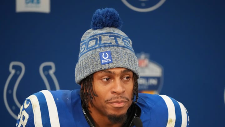 Indianapolis Colts running back Jonathan Taylor is interviewed