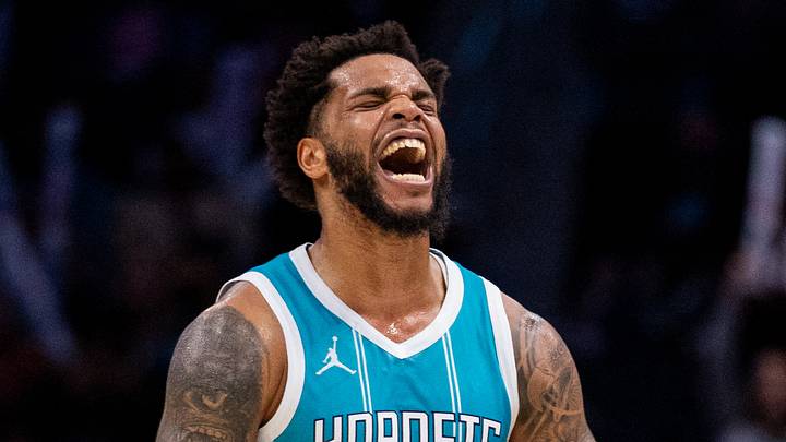 Charlotte Hornets forward Miles Bridges (0) celebrates after taking the lead against the Brooklyn Nets during the fourth quarter at Spectrum Center on March 8, 2025. Charlotte Hornets forward Miles Bridges (0) celebrates after taking the lead against the Brooklyn Nets during the fourth quarter at Spectrum Center on March 8, 2025.