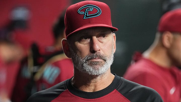 Arizona Diamondbacks manager Torey Lovullo watches his team from the dugout as they play the Seattle Mariners at Chase Field in Phoenix on June 10, 2025.