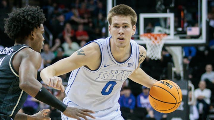 Mar 13, 2024; Kansas City, MO, USA; Brigham Young Cougars forward Noah Waterman (0) Mar 13, 2024; Kansas City, MO, USA; Brigham Young Cougars forward Noah Waterman (0)