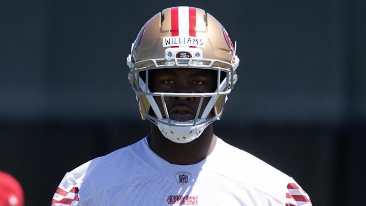 May 9, 2025; Santa Clara, CA, USA; San Francisco 49ers defensive lineman Mikel Williams (98) works out during the teamís rookie minicamp. Mandatory Credit: D. Ross Cameron-Imagn Images