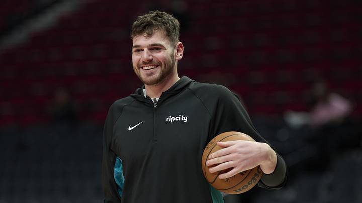 Apr 2, 2026; Portland, Oregon, USA; Portland Trail Blazers center Donovan Clingan (23) warms up before a game against the New Orleans Pelicans at Moda Center. Mandatory Credit: Troy Wayrynen-Imagn Images