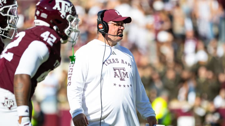 Texas A&M Aggies head coach Mike Elko on the field in the second half of a game against the Samford Bulldogs at Kyle Field.