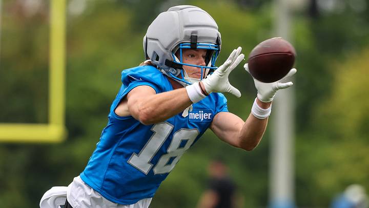 Aug 2, 2026; Allen Park, MI, USA; Detroit Lions wide receiver Isaac TeSlaa (18) catches a pass during Detroit Lions training camp at Meijer Performance Center. Mandatory Credit: Paul Barnick-Imagn Images Aug 2, 2026; Allen Park, MI, USA; Detroit Lions wide receiver Isaac TeSlaa (18) catches a pass during Detroit Lions training camp at Meijer Performance Center. Mandatory Credit: Paul Barnick-Imagn Images