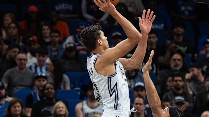 Dec 15, 2024; Orlando, Florida, USA; Orlando Magic forward Tristan da Silva (23) shoots the ball over New York Knicks forward Josh Hart (3) in the first quarter at Kia Center. Mandatory Credit: Jeremy Reper-Imagn Images Dec 15, 2024; Orlando, Florida, USA; Orlando Magic forward Tristan da Silva (23) shoots the ball over New York Knicks forward Josh Hart (3) in the first quarter at Kia Center. Mandatory Credit: Jeremy Reper-Imagn Images