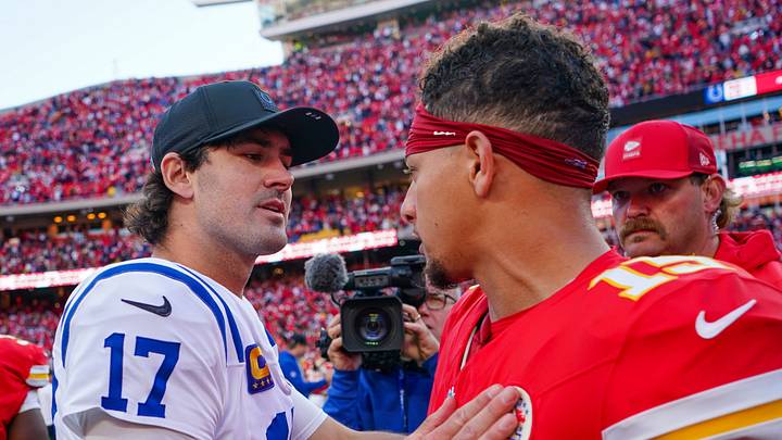 Nov 23, 2025; Kansas City, Missouri, USA; Indianapolis Colts quarterback Daniel Jones (17) and Kansas City Chiefs quarterback Patrick Mahomes (15) greet after the game at GEHA Field at Arrowhead Stadium. Mandatory Credit: Denny Medley-Imagn Images