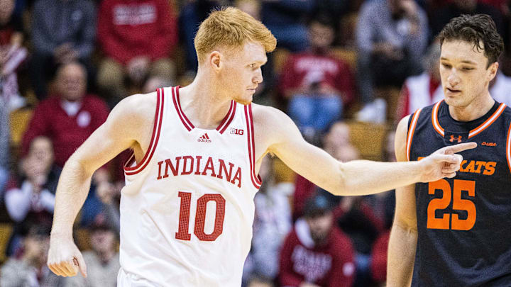 Indiana's Luke Goode celebrates a 3-pointer against Sam Houston at Assembly Hall.