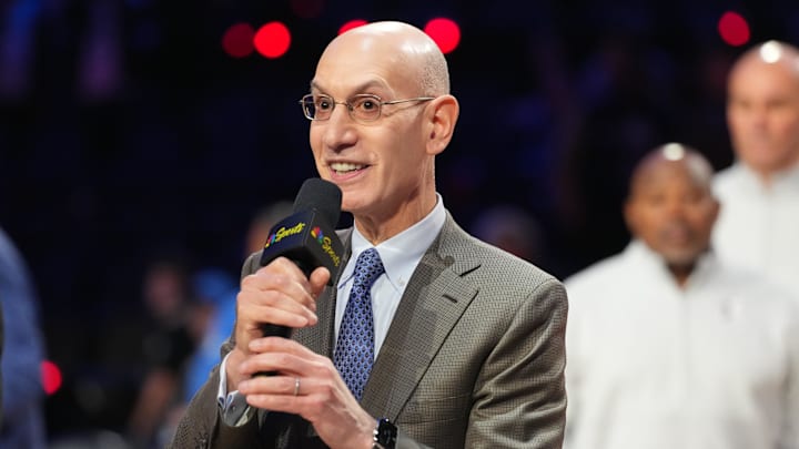 Feb 15, 2026; Inglewood, California, USA; NBA commissioner Adam Silver speaks to media after the 75th NBA All Star Game at Intuit Dome. Mandatory Credit: Kirby Lee-Imagn Images