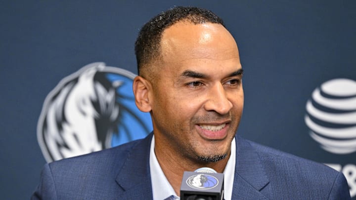 Jun 27, 2025; Dallas, TX, USA; Dallas Mavericks general manager Nico Harrison speaks to the media at the Dallas Mavericks Practice Facility. Mandatory Credit: Jerome Miron-Imagn Images
