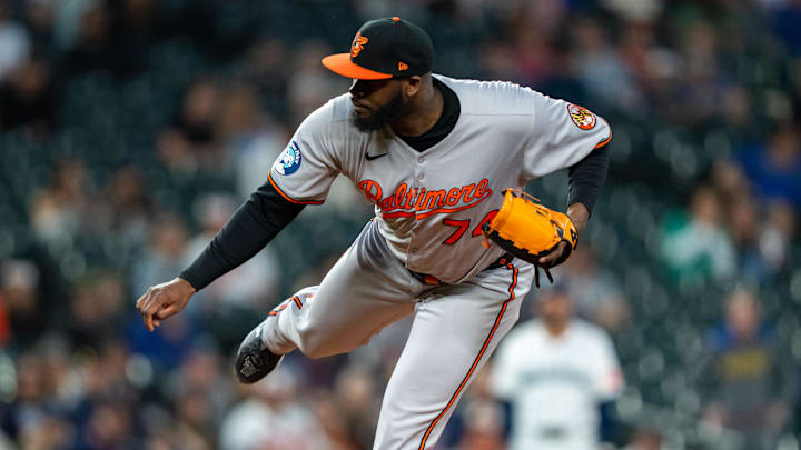 Jun 4, 2025; Seattle, Washington, USA;  Balitimore Orioles reliever Felix Bautista (74) delivers a pitch during the ninth inning against the Seattle Mariners at T-Mobile Park. 