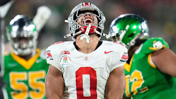 Ohio State Buckeyes linebacker Cody Simon (0) celebrates a sack during the College Football Playoff quarterfinal against the Oregon Ducks at the Rose Bowl in Pasadena, Calif. on Jan. 1, 2025. Ohio State won 41-21.