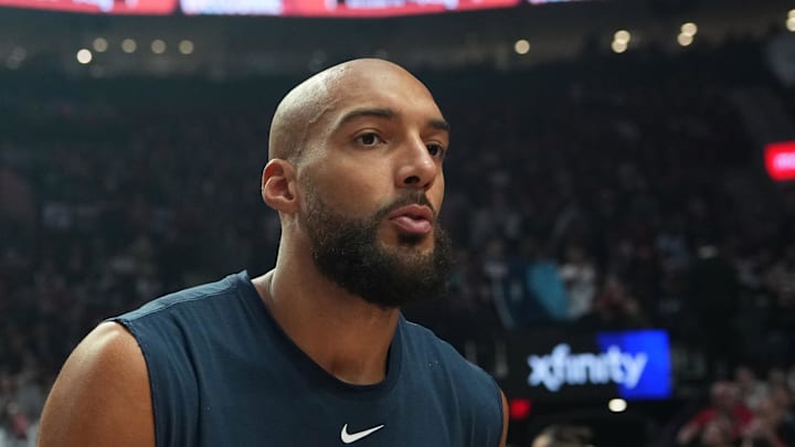 Feb 24, 2026; Portland, Oregon, USA; Minnesota Timberwolves center Rudy Gobert (27) is introduced before the game against the Portland Trail Blazers at Moda Center. Mandatory Credit: Soobum Im-Imagn Images