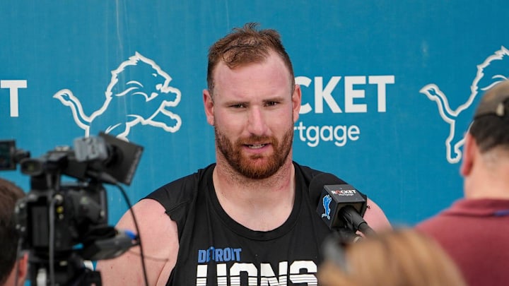 Center Frank Ragnow is interviewed by the media during Detroit Lions training camp at the Lions practice facility in Allen Park on Monday, July 29, 2024.