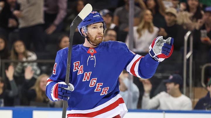 Mar 18, 2026; New York, New York, USA;  New York Rangers defenseman Vladislav Gavrikov (44) gestures after scoring a goal in the first period against the against the New Jersey Devils at Madison Square Garden. Mandatory Credit: Wendell Cruz-Imagn Images